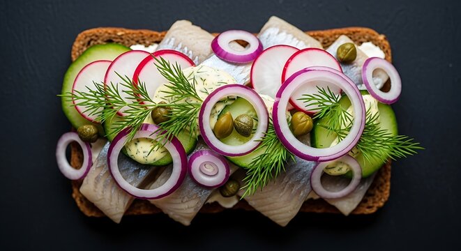 Fresh Herring Open Sandwich Topped with Onion Radish Caper and Dill on Dark Surface