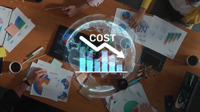 A business team collaborates on cost reduction strategies during a meeting, surrounded by data charts and insights on performance and growth. Raster