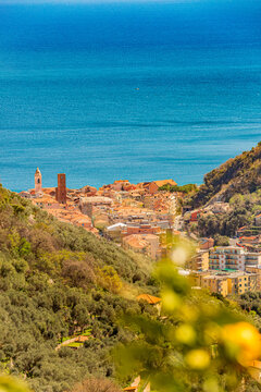  Aerial panoramic view of Noli, Liguria, province of Savona, Italy. Riviera dei Fiori. Fishermen's Beach. Maritime Republic