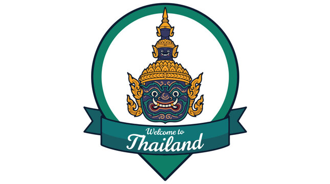 Vibrant Thai temple guardian logo with welcome to Thailand banner in green and gold