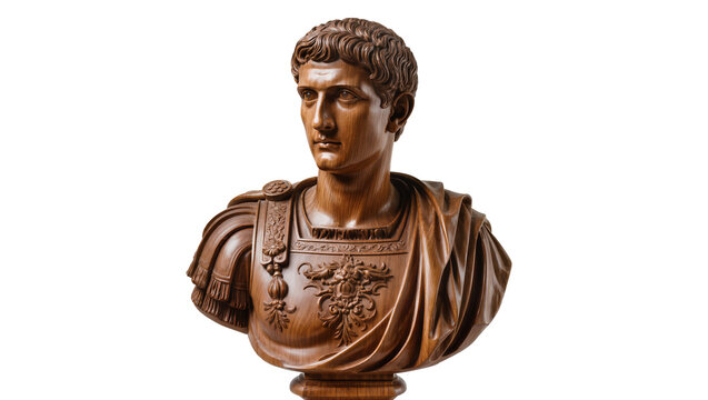 Detailed wooden bust of Roman emperor Augustus in armor, isolated on transparent background