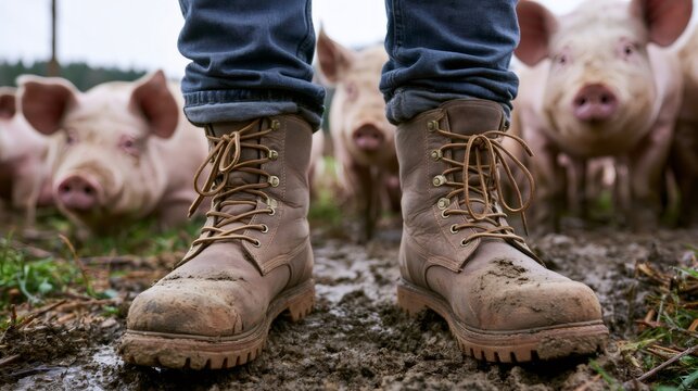 Farmer standing in mud with pigs on farm