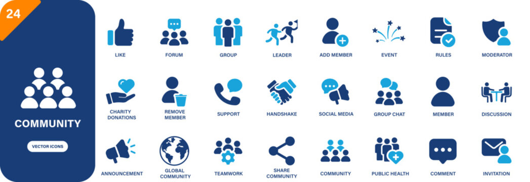 Community icon collection featuring forum, public health, people, social media and charity donations symbols. Solid vector icons.