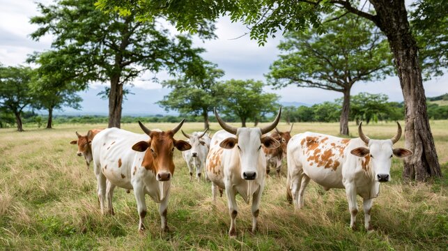 Herd of horned zebu cattle standing in a dry pasture