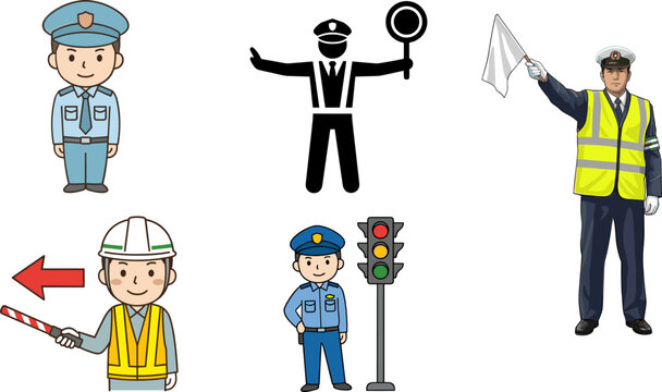Traffic Control and Security Personnel Vector Set Featuring Police Officer Construction Worker and Safety Guard with Signal Flags and Batons for Urban Planning and Public Safety Designs