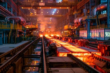 Obraz premium Hot steel ingots moving along production line in metallurgy factory