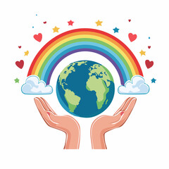 Obraz premium Hands Holding Earth Under Rainbow with Stars and Hearts
