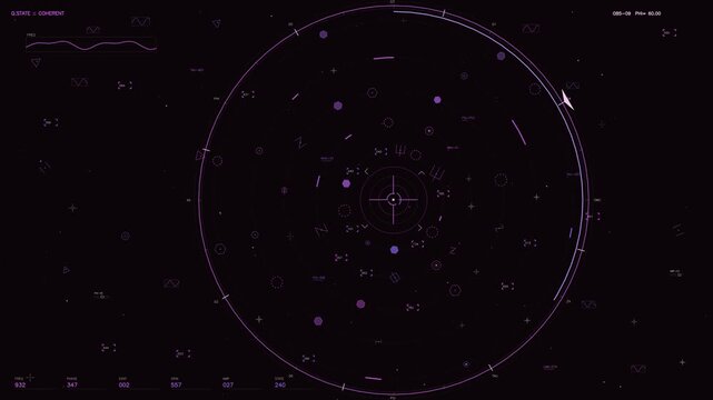 A high tech futuristic HUD interface featuring a central rotating radar with purple neon graphics. The display shows complex telemetry data including frequency, phase, and spin values alongside tactic