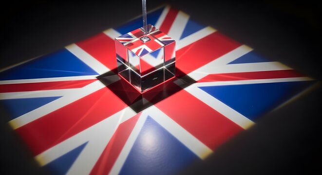 A clear glass optical cube sits centrally on a flat printed surface featuring the Union Jack flag, creating complex geometric reflections and refractions of the iconic red, white, and blue pattern.