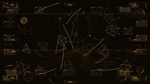 A sophisticated golden toned head up display featuring complex wireframe polyhedra rotating in three dimensional space. The interface is filled with tactical telemetry, including distance readouts, po