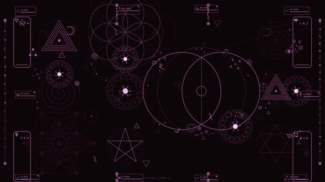 A complex digital interface featuring glowing pink and purple geometric patterns, including star charts, circular glyphs, and technical telemetry data. The composition displays a sophisticated dashboa