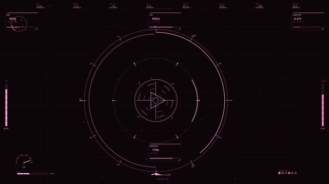 A vibrant pink futuristic head up display overlaying a dark background, featuring intricate tactical telemetry and data visualization. The central interface shows a rotating radar reticle, target trac