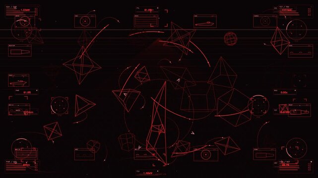 A sophisticated red monochromatic HUD display featuring a complex array of tactical telemetry, including flight data, target tracking, and power levels. Wireframe polyhedral shapes rotate and shift wi