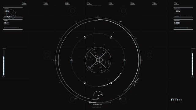 A minimalist white on black digital interface featuring a central circular reticle and rotating geometric elements. The display shows real time telemetry including entropy levels, neuron activations,