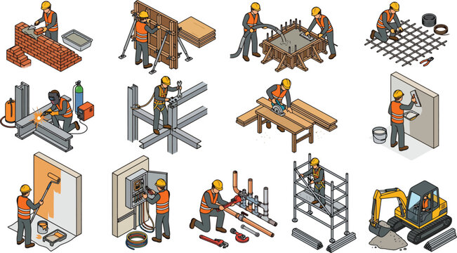 Isometric construction worker icon set showing bricklaying welding carpentry plumbing electrical scaffolding and excavator activities