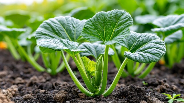 Zucchini plants growing in fertile garden soil