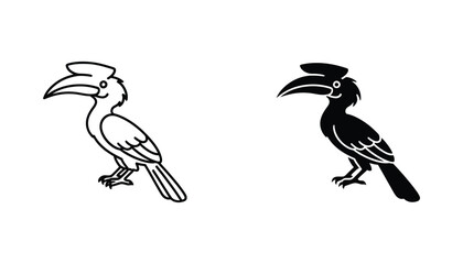 Exotic hornbill bird icon set in linear and solid black styles for wildlife preservation and nature illustration projects isolated on white background © John