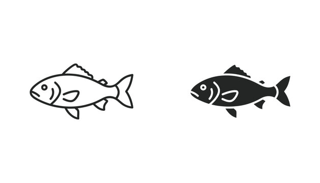 Fish icon set featuring outline and solid black silhouettes for aquatic life themes and restaurant menu design elements