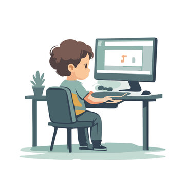 Flat vector of a child with ADHD using a fidget spinner while focusing on a computer screen.