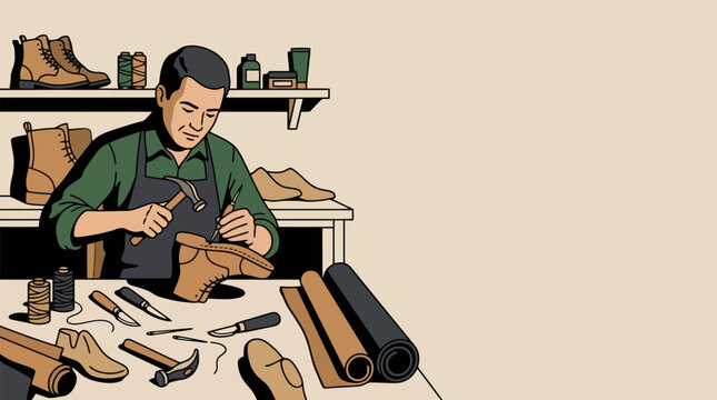 A shoemaker meticulously crafts a boot using traditional tools and materials in his workshop.