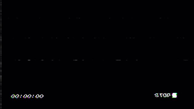 Stop VHS Video Tape Glitch Effect on Black Background with Retro Timecode Overlay 4k video