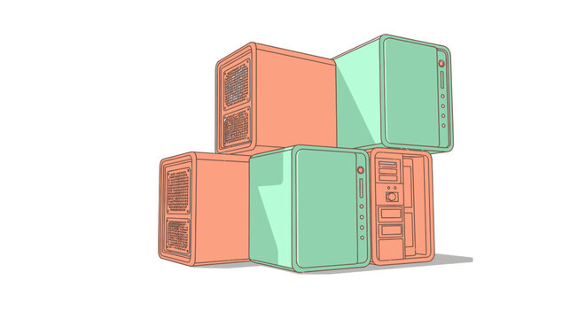 Stack of vintage computer monitors and old PC towers in a stylized illustration, representing e-waste, obsolescence, and retro technology.