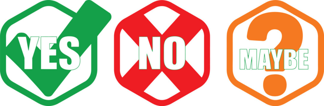 Yes, no, maybe, icon set vector, illustration, checkmark cross and question mark symbols for decision making voting approval and status indicators.