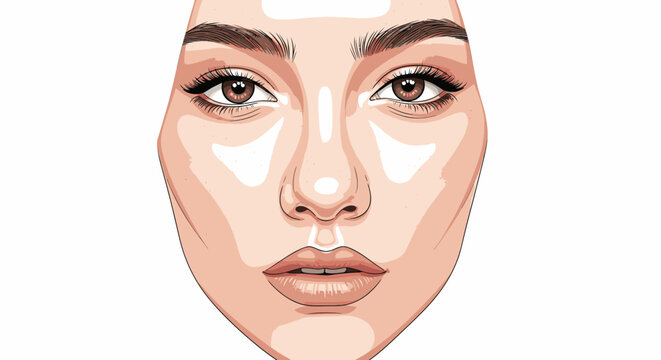 Close-up of a woman's face showcasing flawless makeup with highlighted cheekbones and defined features, isolated on white