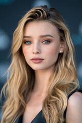 Naklejka premium elegant blonde beauty portrait with soft natural makeup, close up glamour headshot of woman with blue green eyes, fresh lifestyle beauty model with wavy honey blonde hair