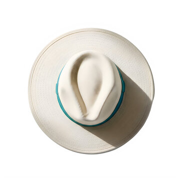 Top view of a white straw fedora hat with a blue ribbon band isolated on transparent background