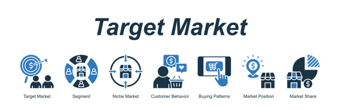 Target Market banner web icon vector illustration concept with an icon of Target Market, Segment, Niche Market, Customer Behavior, Buying Patterns, Market Position, Market Share 