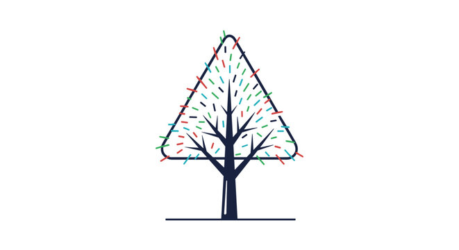 Modern abstract tree design with a dark blue trunk and colorful dashed lines forming a triangular canopy on white background.