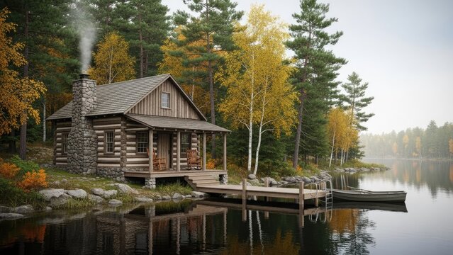 Log cabin by misty lake in autumn forest with smoke rising from chimney