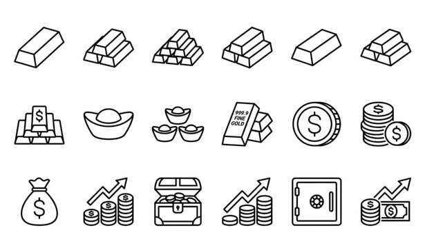 Gold bar and bullion outline icon set financial wealth vector symbols isolated on white background