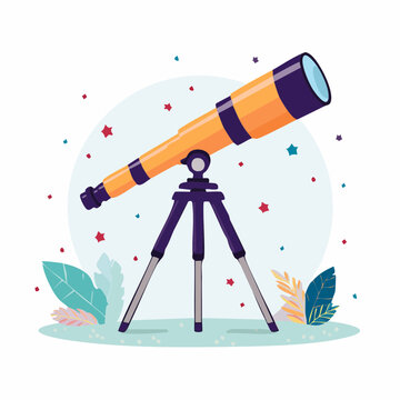 Illustration of a Telescope on a Tripod with Stars and Leaves