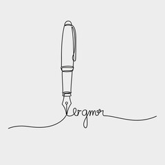 Obraz premium Continuous line drawing of a fountain pen creating elegant script on a simple background.