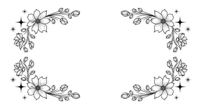 Decorative floral corner elements with black and white sketches of flowers and leaves and small star accents for stationery.