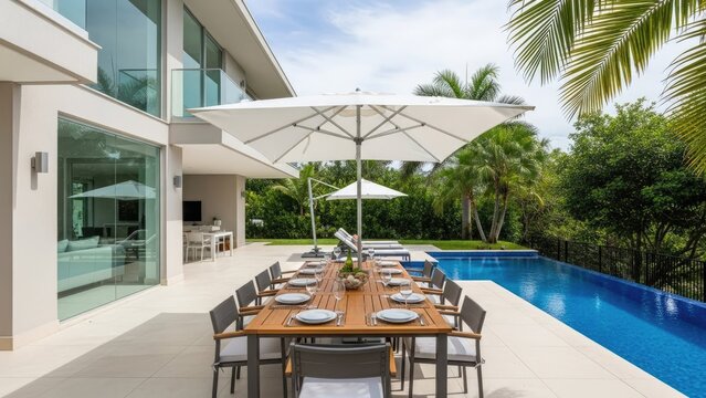 Outdoor dining setup with long wooden table and chairs beside swimming pool at modern villa