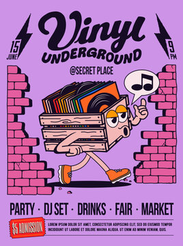 Vinyl underground music party or records store poster or flyer template with retro cartoon record mascot. Vector Illustration