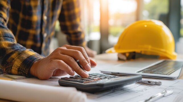 An engineer is focused on calculating the construction budget using a calculator and looking at blueprints on a desk. A safety helmet is nearby, and natural light fills the room