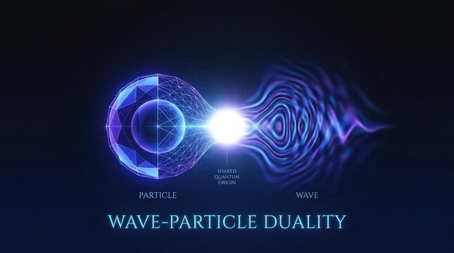 Wave-Particle Duality: A visual representation of the fundamental principle of quantum mechanics, portraying the dual nature of matter and energy as both waves and particles.