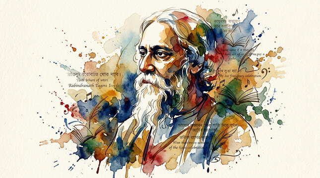 Artistic oil painting style tribute to Rabindranath Tagore, dramatic lighting, intellectual expression, deep cultural atmosphere, museum quality artwork