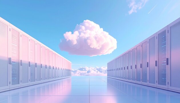 futuristic data center with floating cloud symbolizing digital transformation and innovation