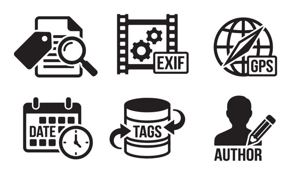 Digital File Metadata and Information Icon Set with Exif and GPS