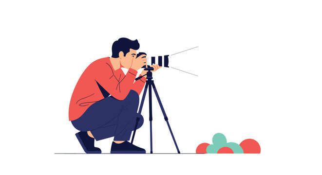 Professional photographer crouching behind a camera on a tripod captures high quality images in a studio or outdoor setting with precision.