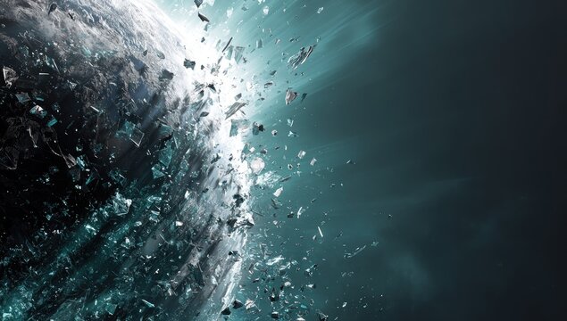 Shattered planet with debris exploding into a dark, illuminated void