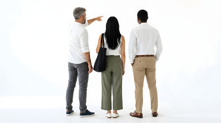 Fototapeta premium Navigating the Future: A group of professionals, seen from behind, are engaged in a shared moment of direction and discussion. A leader points ahead.