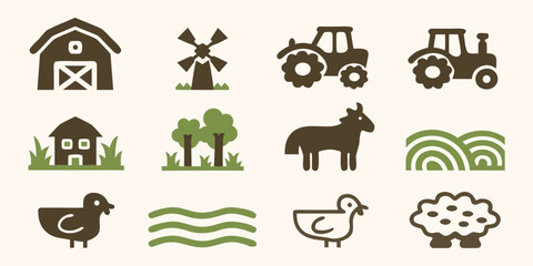 farm icons set including barn tractor windmill and animals © Subarna