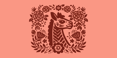 llama head profile surrounded by floral pattern on pink background © Subarna