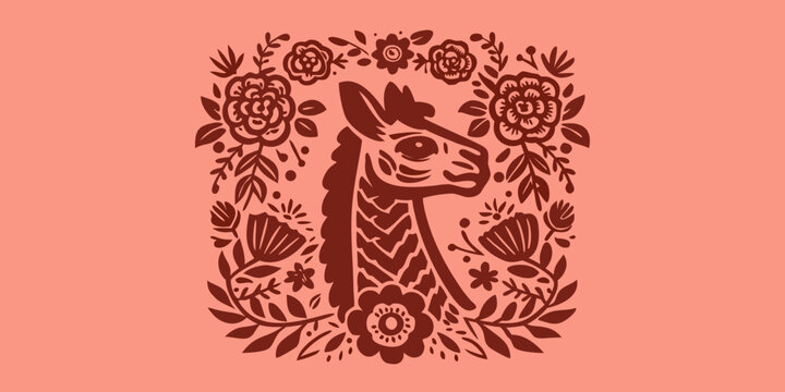 llama head profile surrounded by floral pattern on pink background